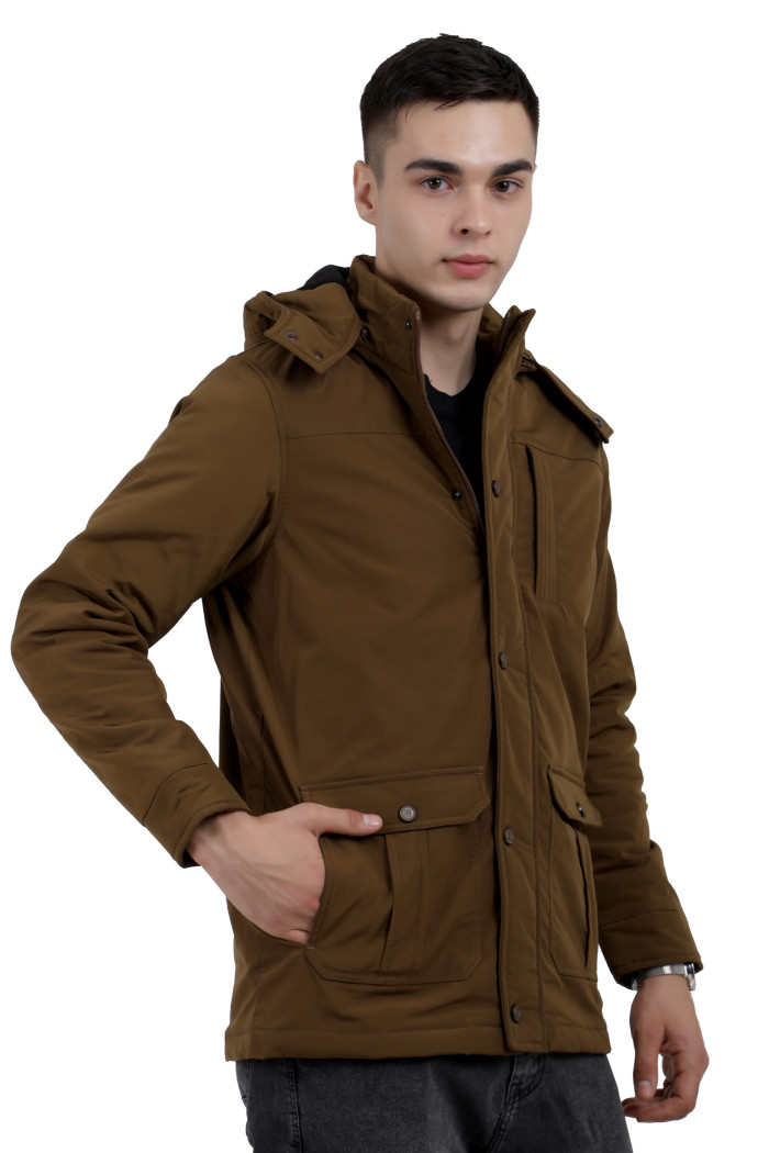 A left pose of a Khaki High Neck chester Jacket with zipper closure Button Placket, and pocket in hand designed for casual winter layering and comfort.