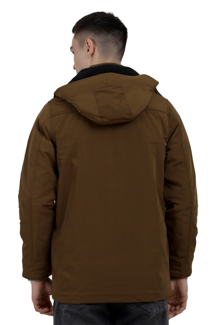 A back pose of a man wearing a khaki High Neck chester Jacket with zipper closure Button Placket, and pocket in hand designed for casual winter layering and comfort.