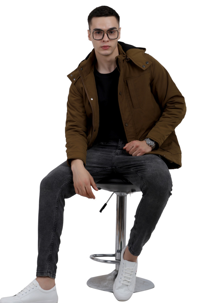 A tilted pose of a man wearing a Khaki High Neck chester Jacket with zipper closure Button Placket, and pocket in hand designed for casual winter layering and comfort.