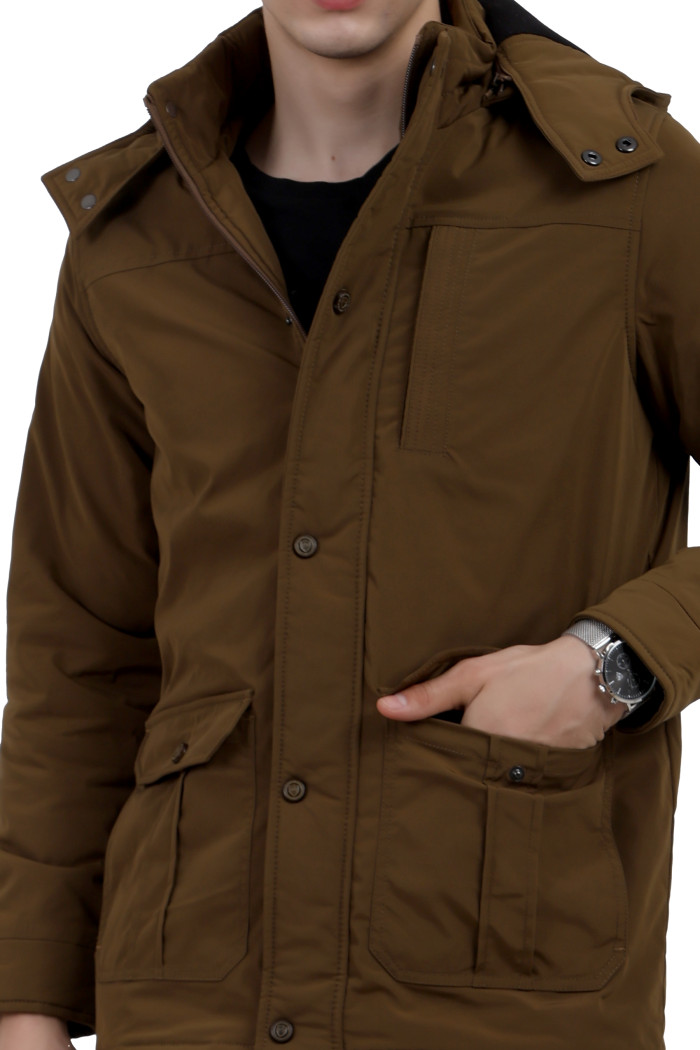 A cropped image of a man wearing a Khaki High Neck chester Jacket with zipper closure Button Placket, and pocket in hand designed for casual winter layering and comfort.