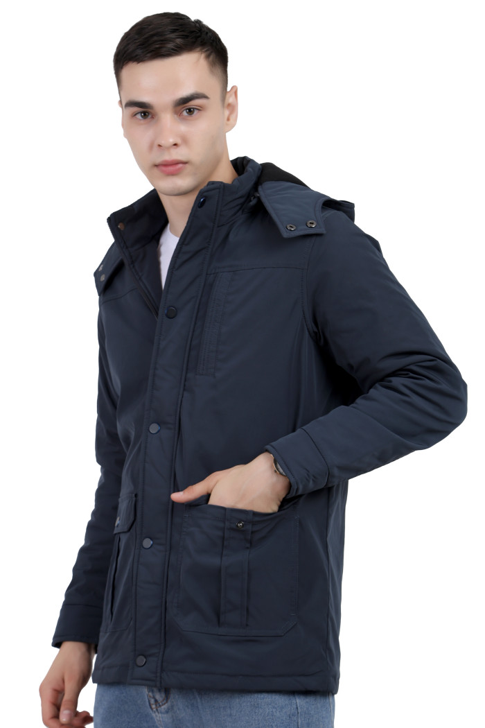 A right pose of a Navy High Neck chester Jacket with zipper closure Button Placket, and pocket in hand designed for casual winter layering and comfort.