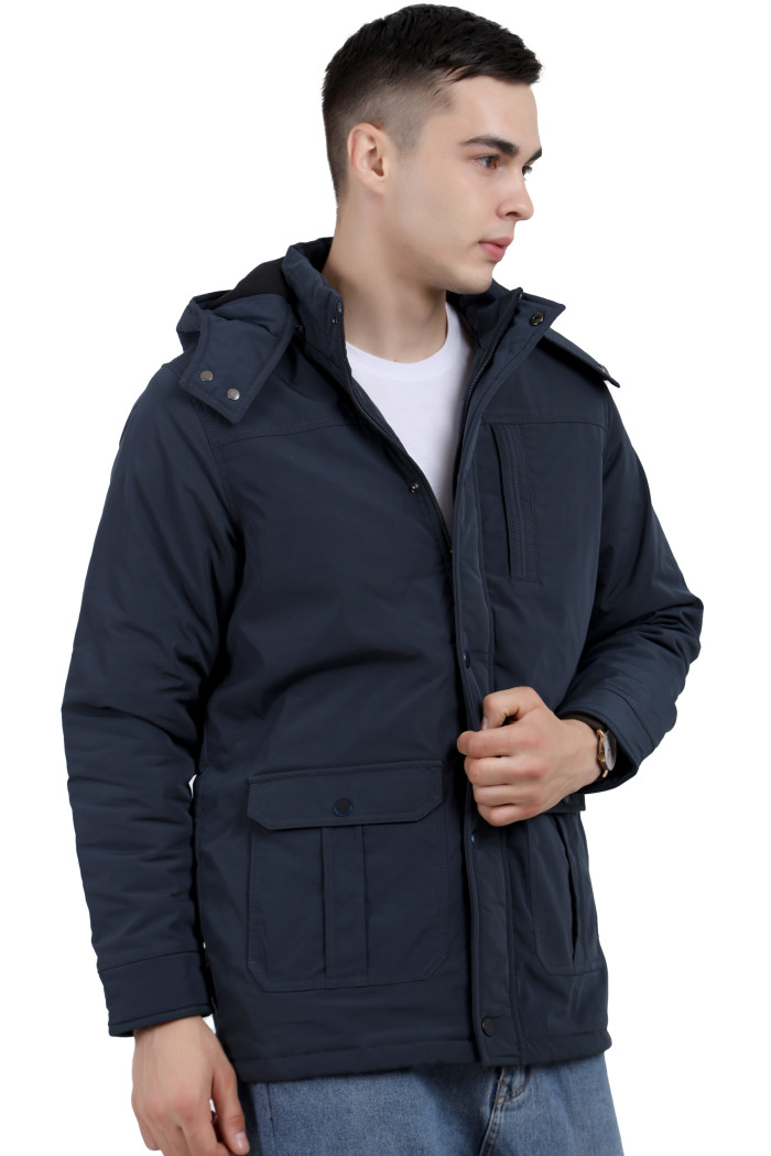 A left pose of a Navy High Neck chester Jacket with zipper closure Button Placket, and pocket in hand designed for casual winter layering and comfort.