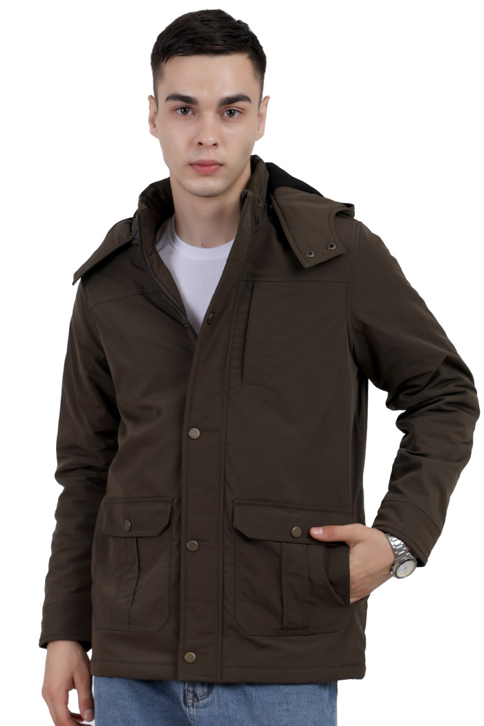 A man wearing an OLIVE High Neck chester Jacket with zipper closure Button Placket, and pocket in hand designed for casual winter layering and comfort.