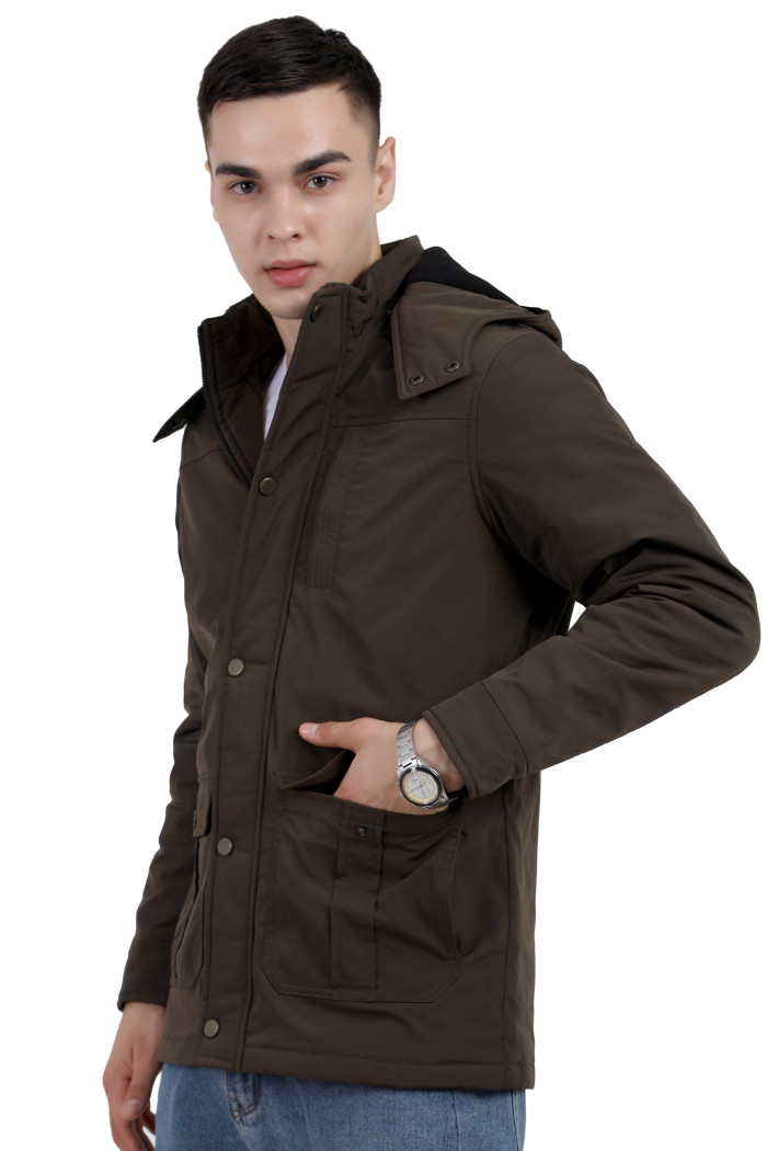 A right pose of an OLIVE High Neck chester Jacket with zipper closure Button Placket, and pocket in hand designed for casual winter layering and comfort.