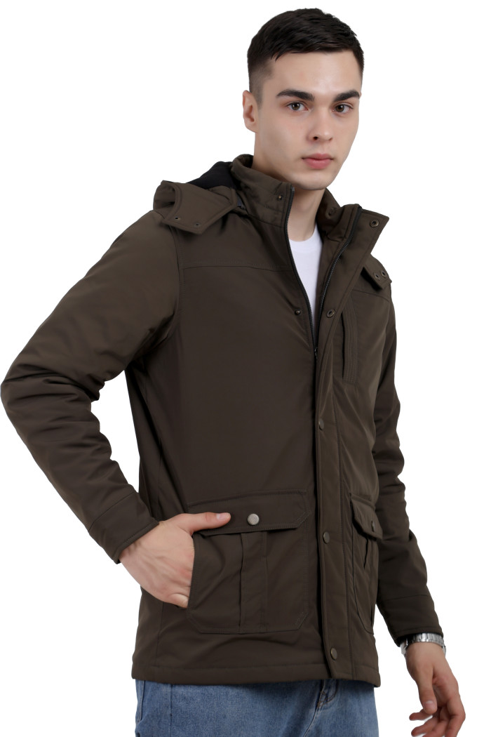 A left pose of an OLIVE High Neck chester Jacket with zipper closure Button Placket, and pocket in hand designed for casual winter layering and comfort.