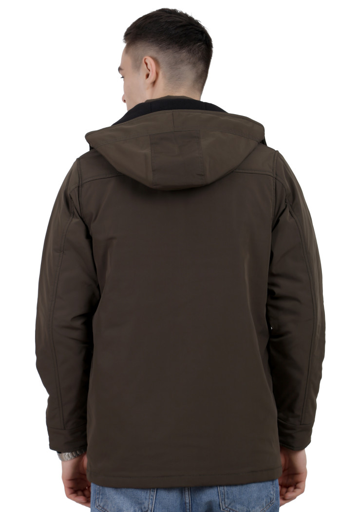 A back pose of a man wearing an OLIVE High Neck chester Jacket with zipper closure Button Placket, and pocket in hand designed for casual winter layering and comfort.