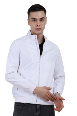 A man wearing a White Matt Finish Lightweight Jacket with high neck collar, zipper closure and pocket in hand designed for casual winter layering and comfort.