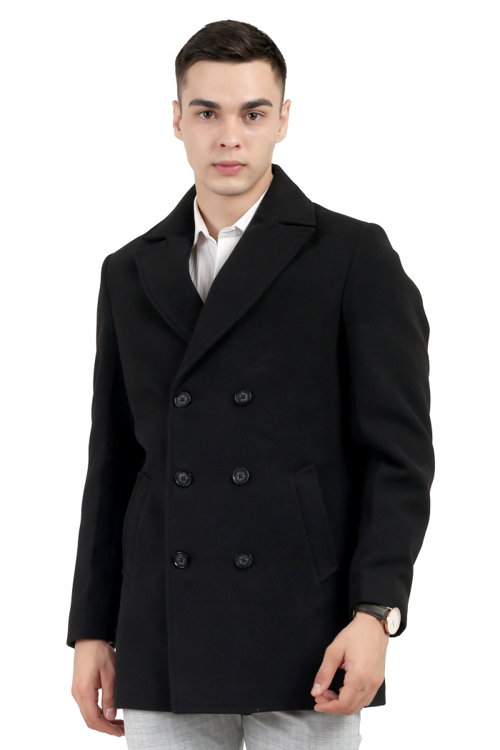 A man wearing a Black double-breasted Length Tweed Coat with a Lapel collar neck, Button closure and pocket in hand designed for casual winter layering and comfort.