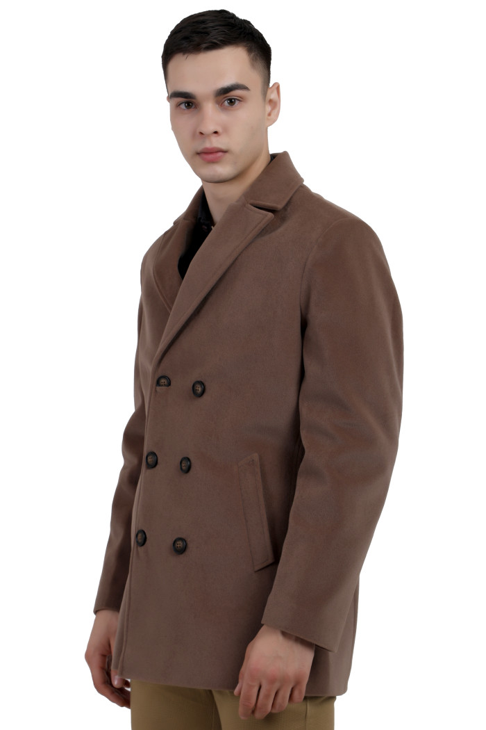 A right pose of a man wearing a Mouse Double double-breasted knee Length Velvet Coat with a Lapel collar neck, Button closure and pocket in hand designed for casual winter layering and comfort.