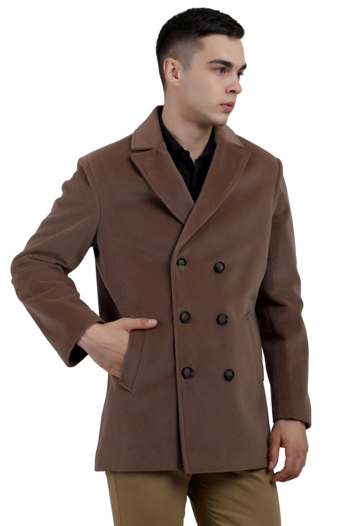 A left pose of a man wearing a Mouse double-breasted Length Velvet Coat with a Lapel collar neck, Button closure and pocket in hand designed for casual winter layering and comfort.