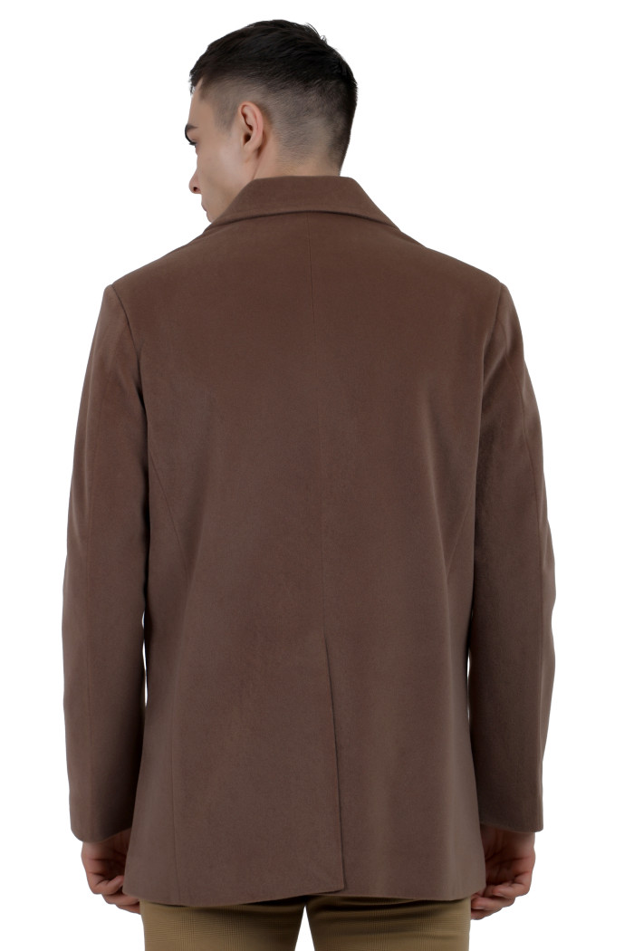 A back pose of a man wearing a Mouse Double Breasted Knee Length Velvet coat with a Lapel collar neck, Button closure and pocket in hand designed for casual winter layering and comfort.