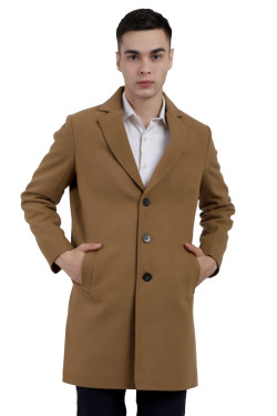 A man wearing a Khaki Single Breasted Tweed Long Coat with a Lapel collar neck, Button closure and pocket in hand designed for casual winter layering and comfort.