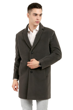 A man wearing a Charcoal Single Breasted Velvet Long Coat with a Lapel collar neck, Button closure and pocket in hand designed for casual winter layering and comfort.