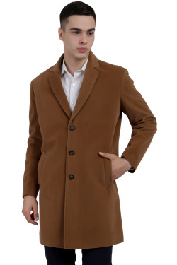 A man wearing a Tan Single Breasted Velvet Long Coat with a Lapel collar neck, Button closure and pocket in hand designed for casual winter layering and comfort.