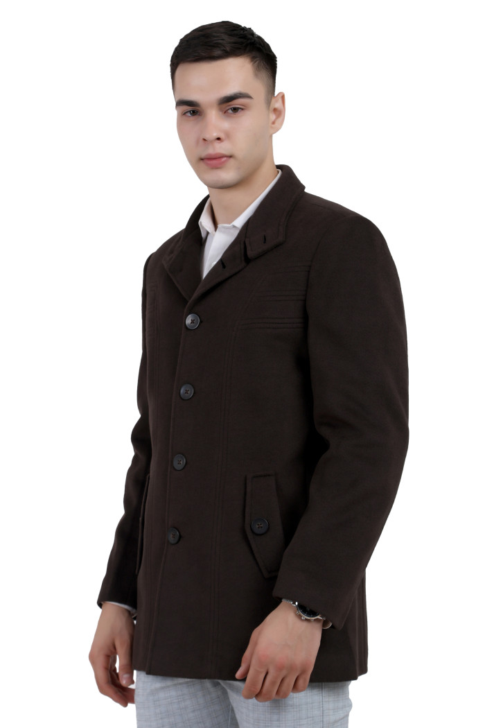 A right pose of a Brown Single Breasted Knee Length Tweed Coat with a Lapel collar neck, Button closure and pocket in hand designed for casual winter layering and comfort.