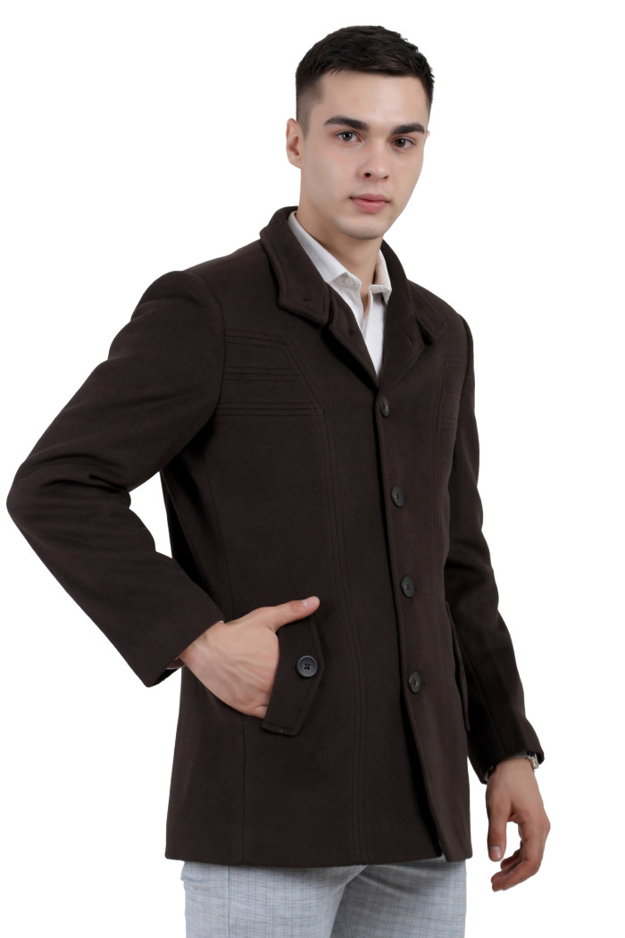 A left pose of a man wearing a Brown Single Breasted Knee Length Tweed Coat with a Lapel collar neck, Button closure and pocket in hand designed for casual winter layering and comfort.