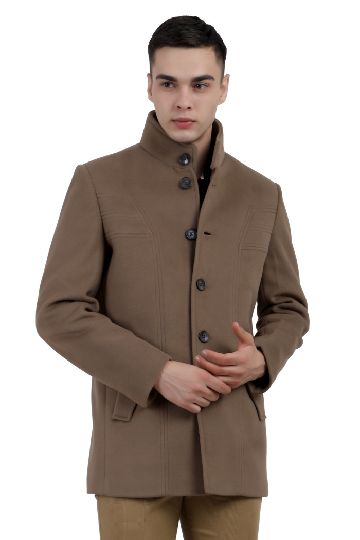 A man wearing a Mouse Single Breasted Knee Length Tweed Coat with a Lapel collar neck, Button closure and pocket in hand designed for casual winter layering and comfort.