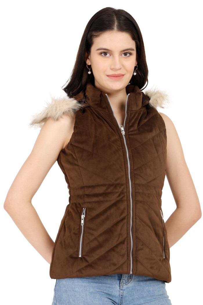 Women’s Half Sleeves Quilted Jacket With Zip Closure in Coffee