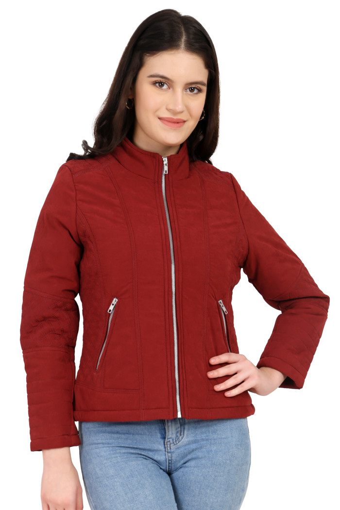 Women’s Quilted Biker Jacket in Maroon