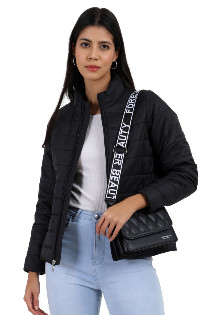 Women’s High Neck Quilted Jacket in Black