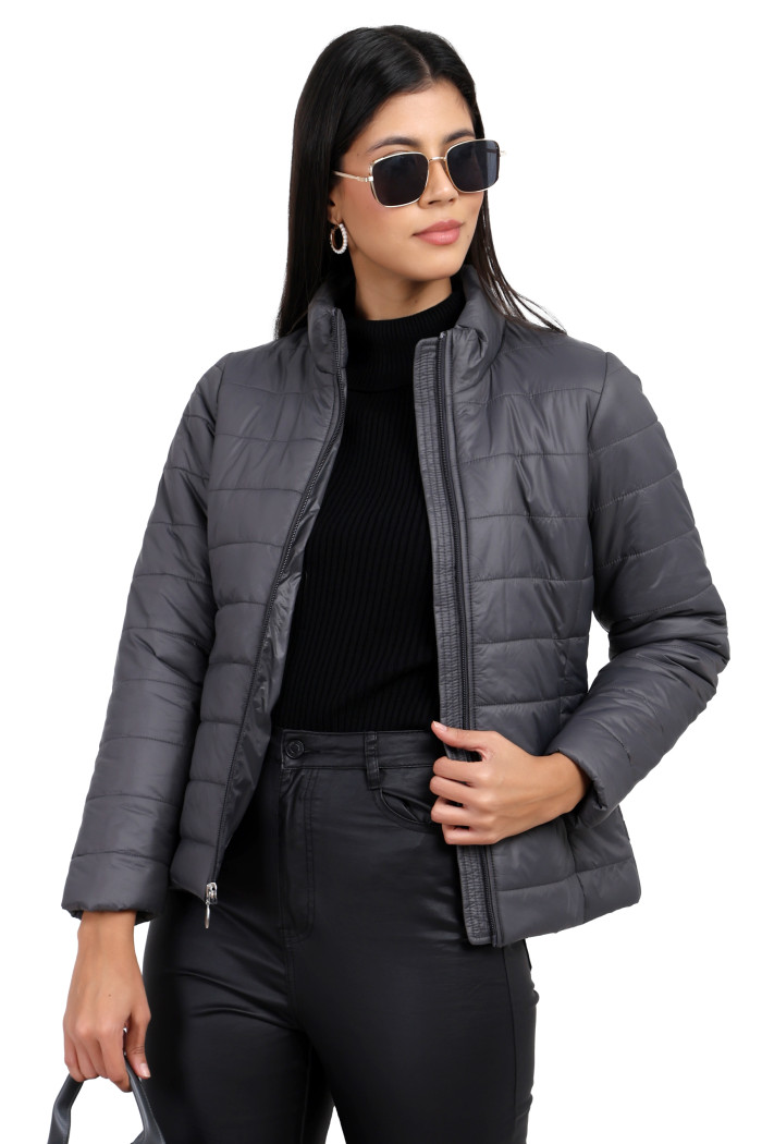 Women’s High Neck Quilted Jacket in Grey