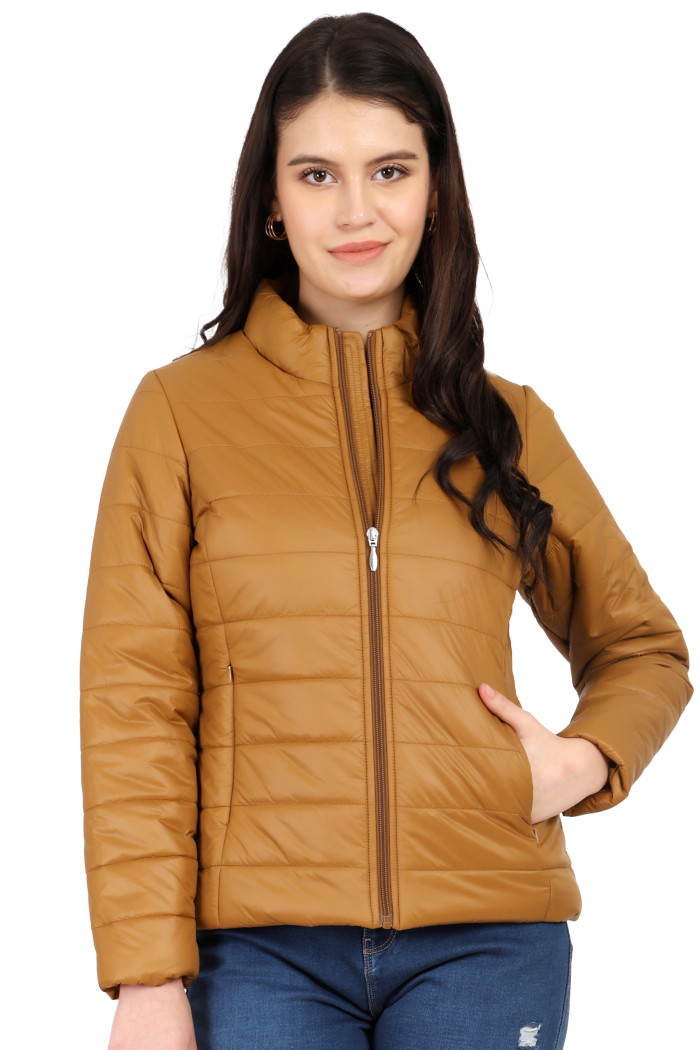 Women’s High Neck Quilted Jacket in Tan