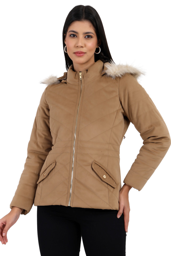 Women’s Velvet Jacket With Zip Closure in Camel