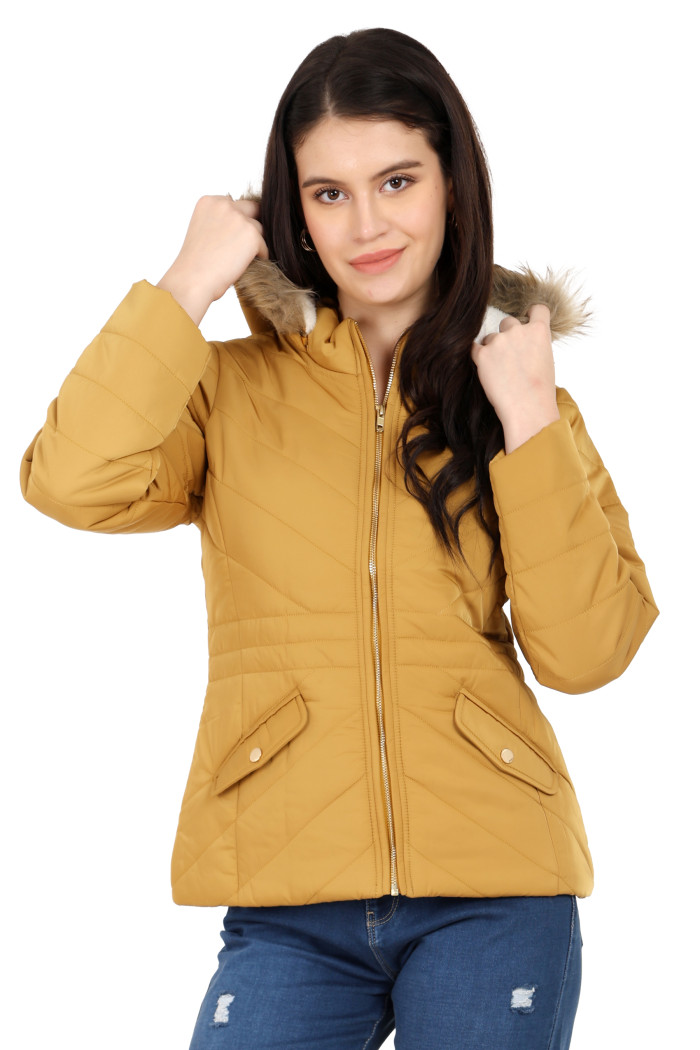 Women’s Quilted Jacket With Removable Hood in Mustard