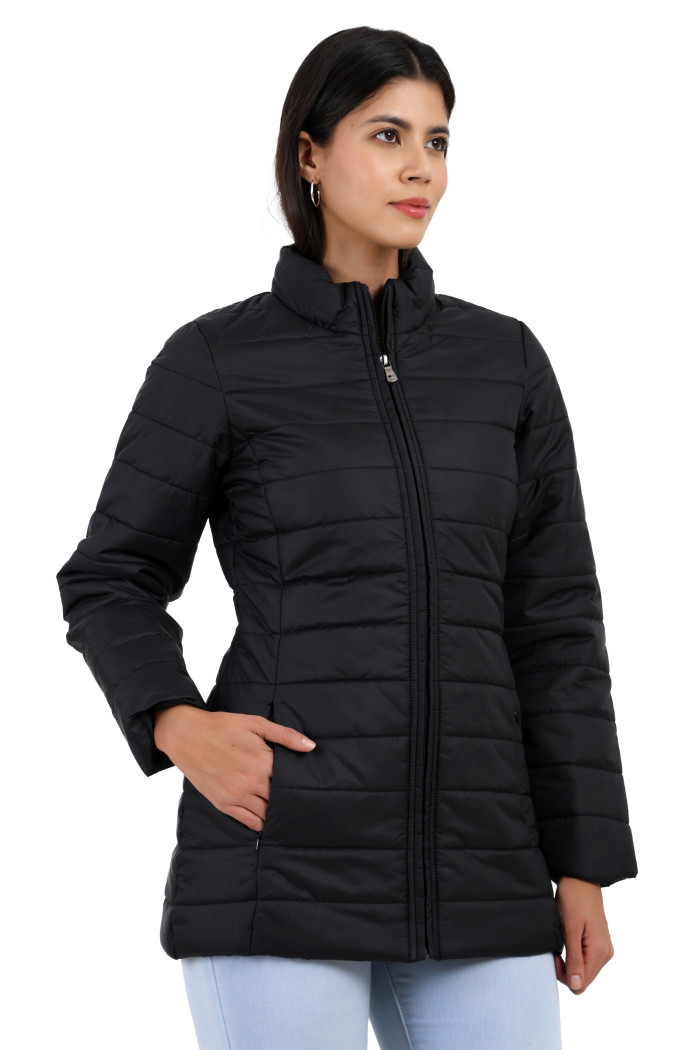 Women’s Zipper High Neck Quilted Jacket in Black