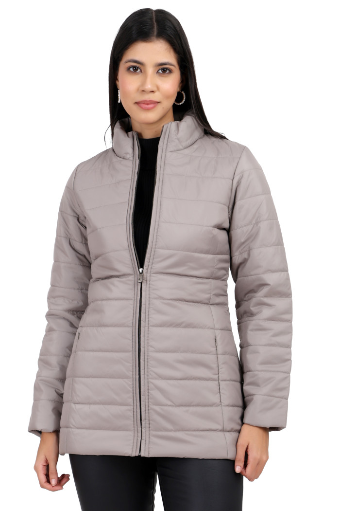 Women’s Zipper High Neck Quilted Jacket in Stone