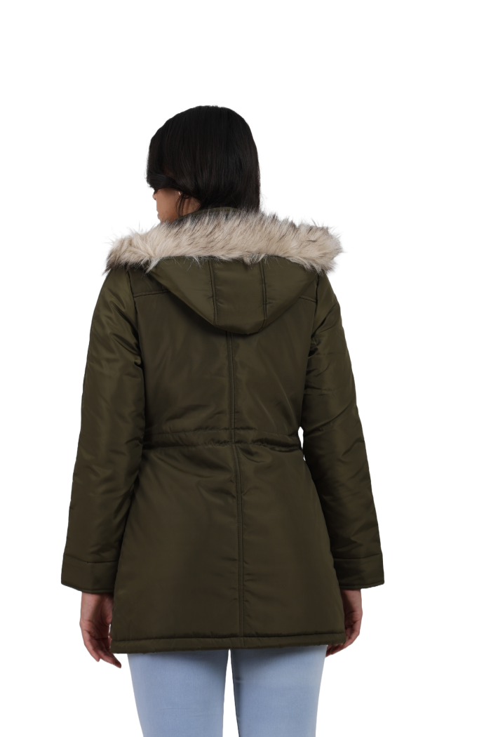 A back pose of a standing woman, wearing Coatsnmore’s olive quilted parka jacket with a removable hood, quilted pattern and blue jeans.