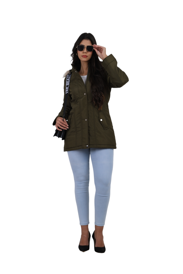 A woman in a cropped image is wearing Coatsnmore’s Olive quilted parka jacket with a detachable hood, zip closure, button placket, side pockets and quilted pattern with her left hand in the pocket.