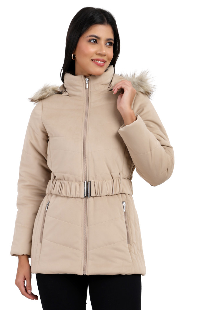 Women’s Velvet Quilted Jacket With Waistband in Beige