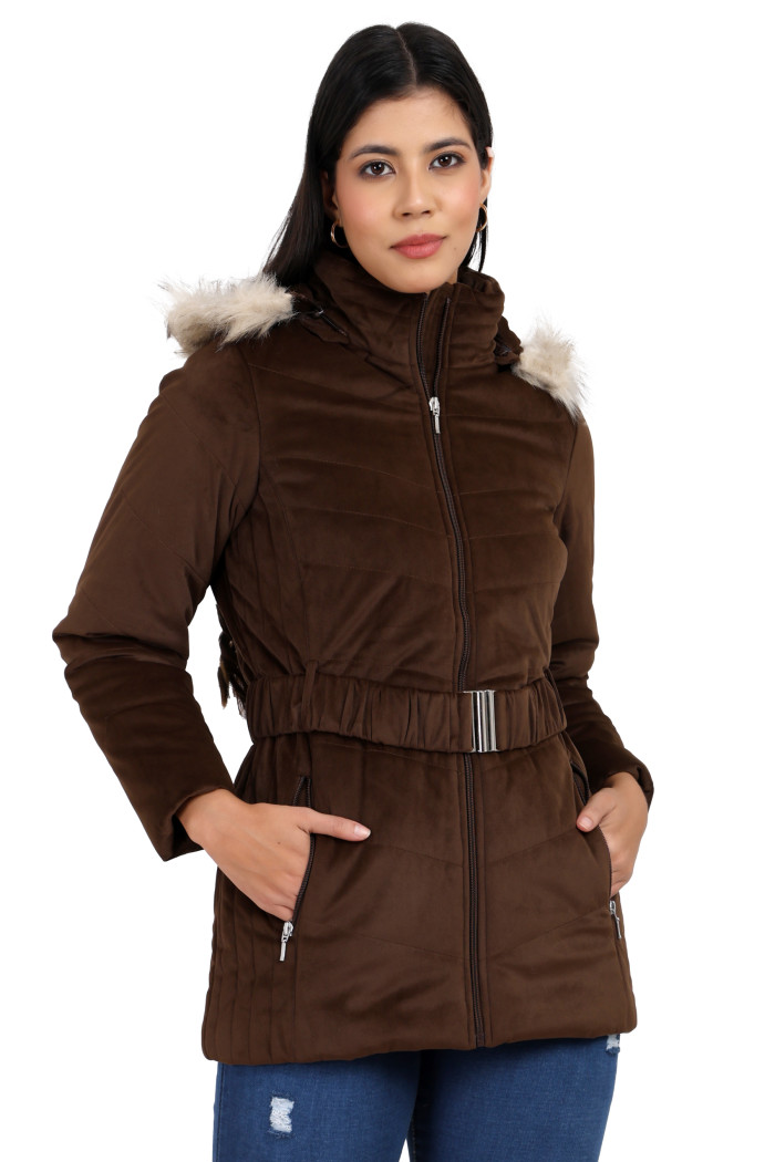 Women’s Velvet Quilted Jacket With Waistband in Coffee