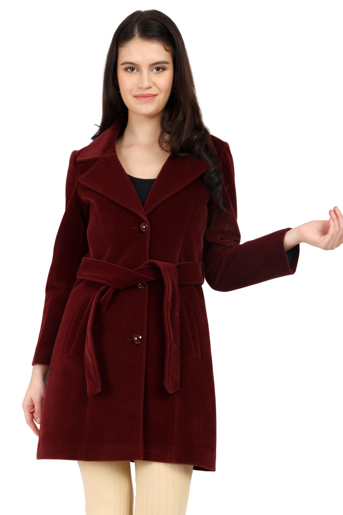 Women’s Velvet Long Coat With Belt in Wine