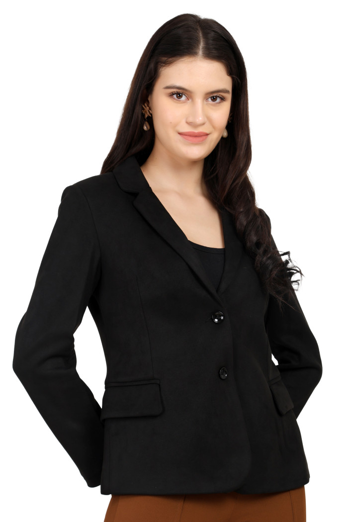 Women Suede Short Coat With Lapel Collar in Black