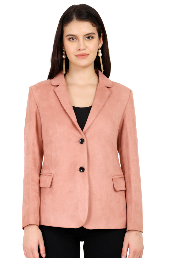 A woman wearing a Pink Short Coat with lapel collar, button closure and pocket in hand designed for formal and casual winter layering and comfort.