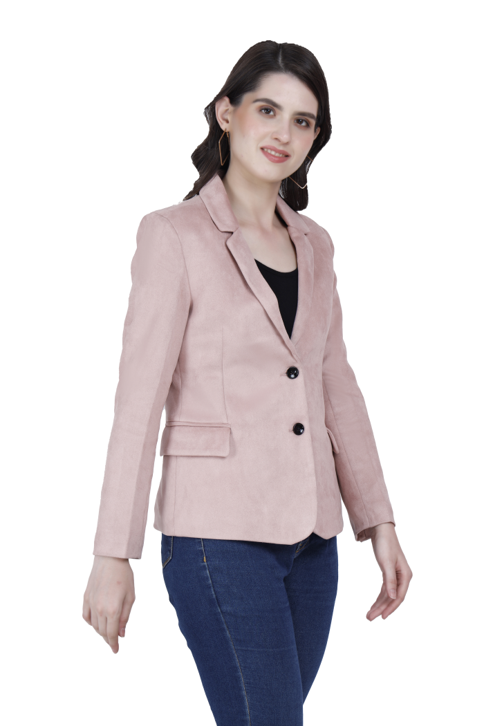 A left pose of a woman wearing a Pink Short Coat with a lapel collar, button closure and pocket in hand designed for casual and formal winter layering and comfort.