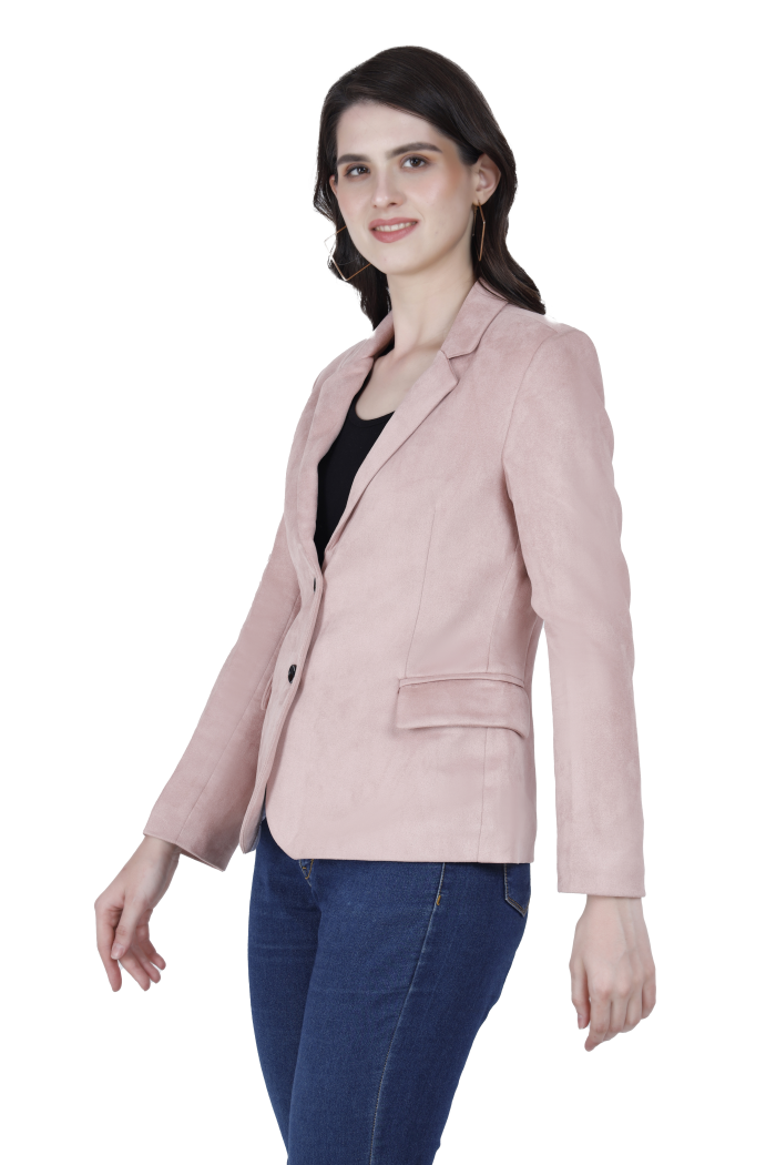 A right pose of a woman wearing a Pink Short Coat with lapel collar, button closure and side pocket designed for casual and formal winter layering and comfort.