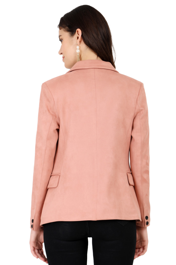 A back pose of a woman wearing a Pink Short Coat with a lapel collar and button closure designed for formal and casual winter layering and comfort.