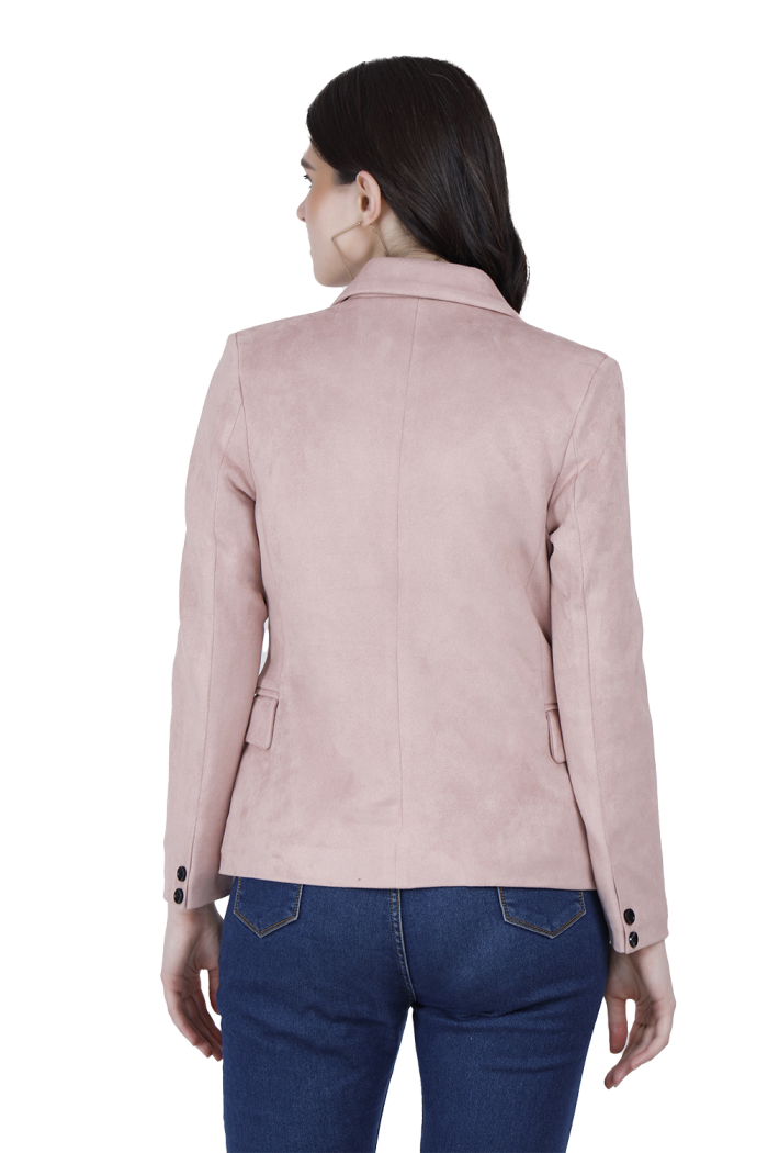 A back pose of a woman wearing a Pink Short Coat with a lapel collar and button closure designed for formal and casual winter layering and comfort.