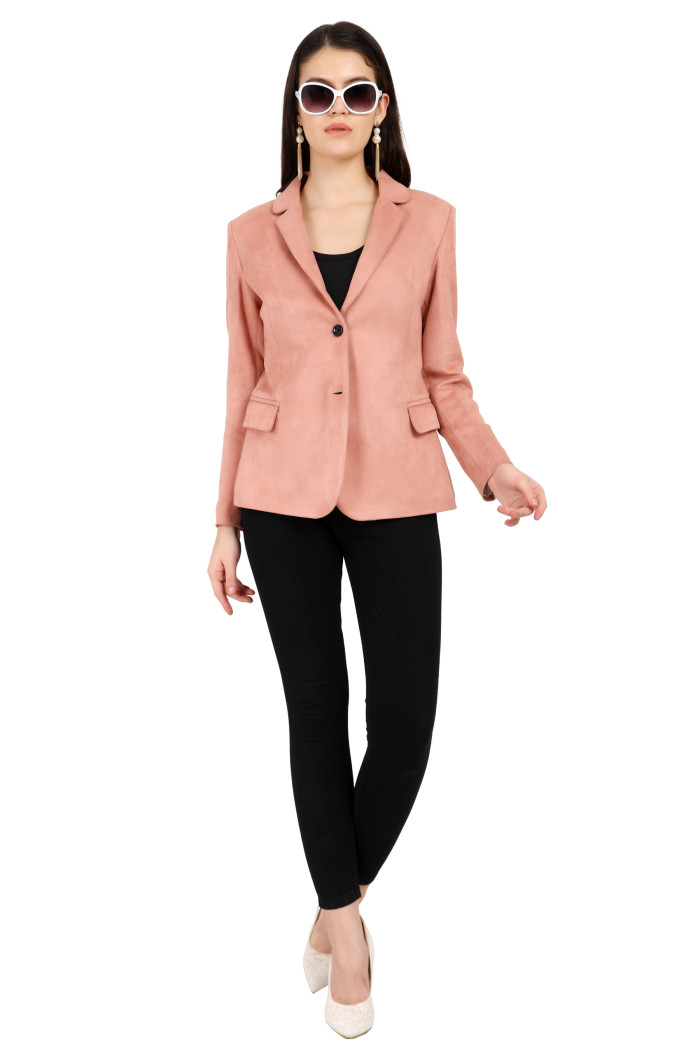 A woman wearing a Pink Short Coat with lapel collar, button closure and pocket in hand designed for formal and casual winter layering and comfort.