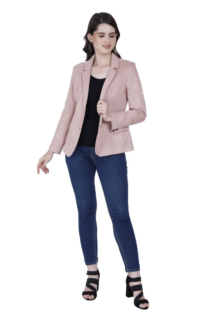 A woman wearing a Pink Short Coat with lapel collar, button closure and pocket in hand designed for formal and casual winter layering and comfort.