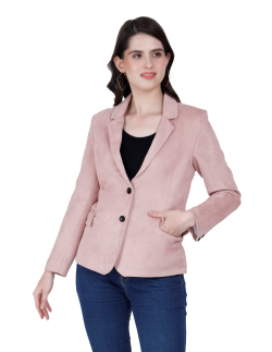 A cropped image of a woman wearing a Pink Short Coat with a lapel collar and button closure designed for formal and casual winter layering and comfort.