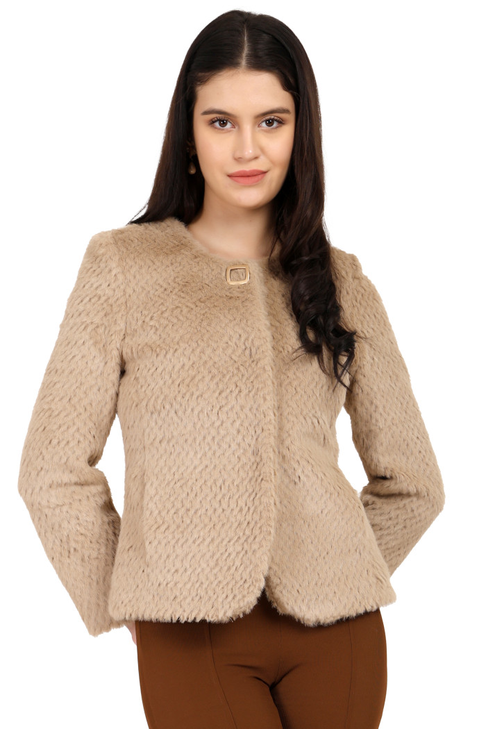 Women’s Round Neck Short Coat in Beige