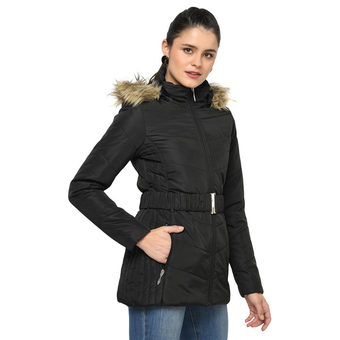 A model showcasing Women High Neck Puffer Jacket With Detachable Hood And Belt thumbnail.