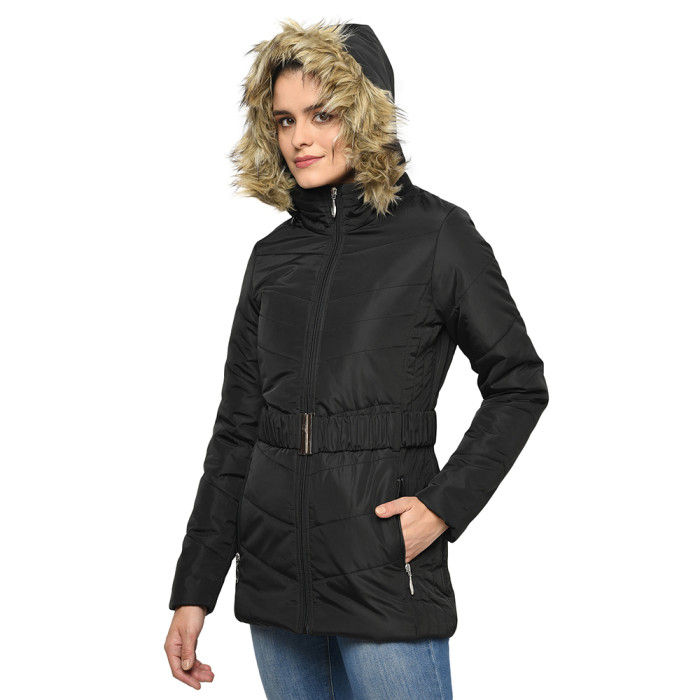 A model showcasing Women High Neck Puffer Jacket With Detachable Hood And Belt thumbnail.