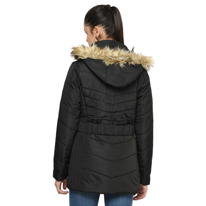 A model showcasing Women High Neck Puffer Jacket With Detachable Hood And Belt thumbnail.