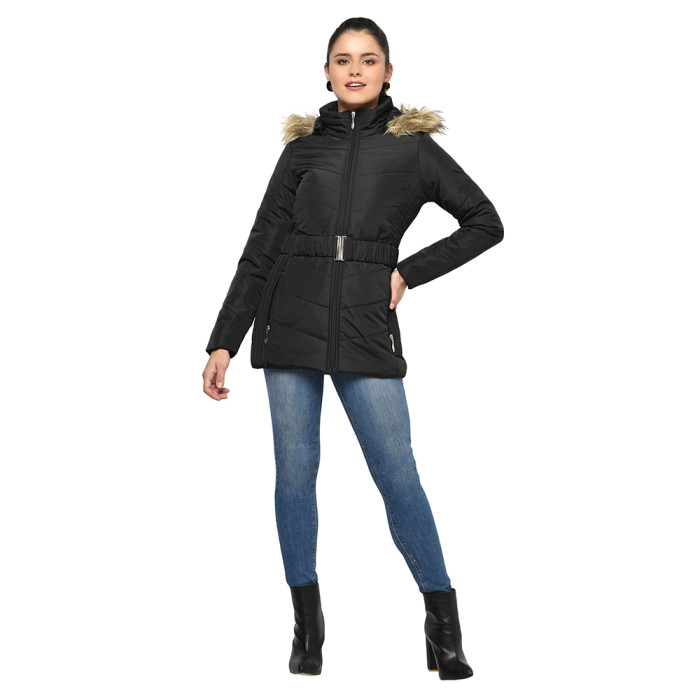 A model showcasing Women High Neck Puffer Jacket With Detachable Hood And Belt thumbnail.