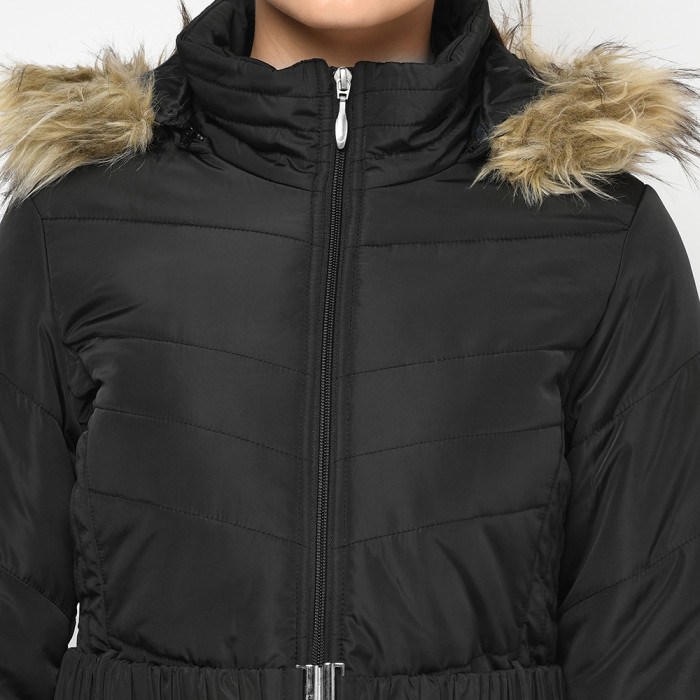 A model showcasing Women High Neck Puffer Jacket With Detachable Hood And Belt thumbnail.